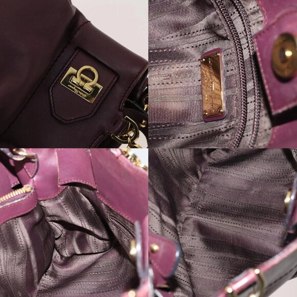 Salvatore Ferragamo Gancini Chain Hand Bag Leather 2way Purple Gold Auth BA1705 - Picture 15 of 15